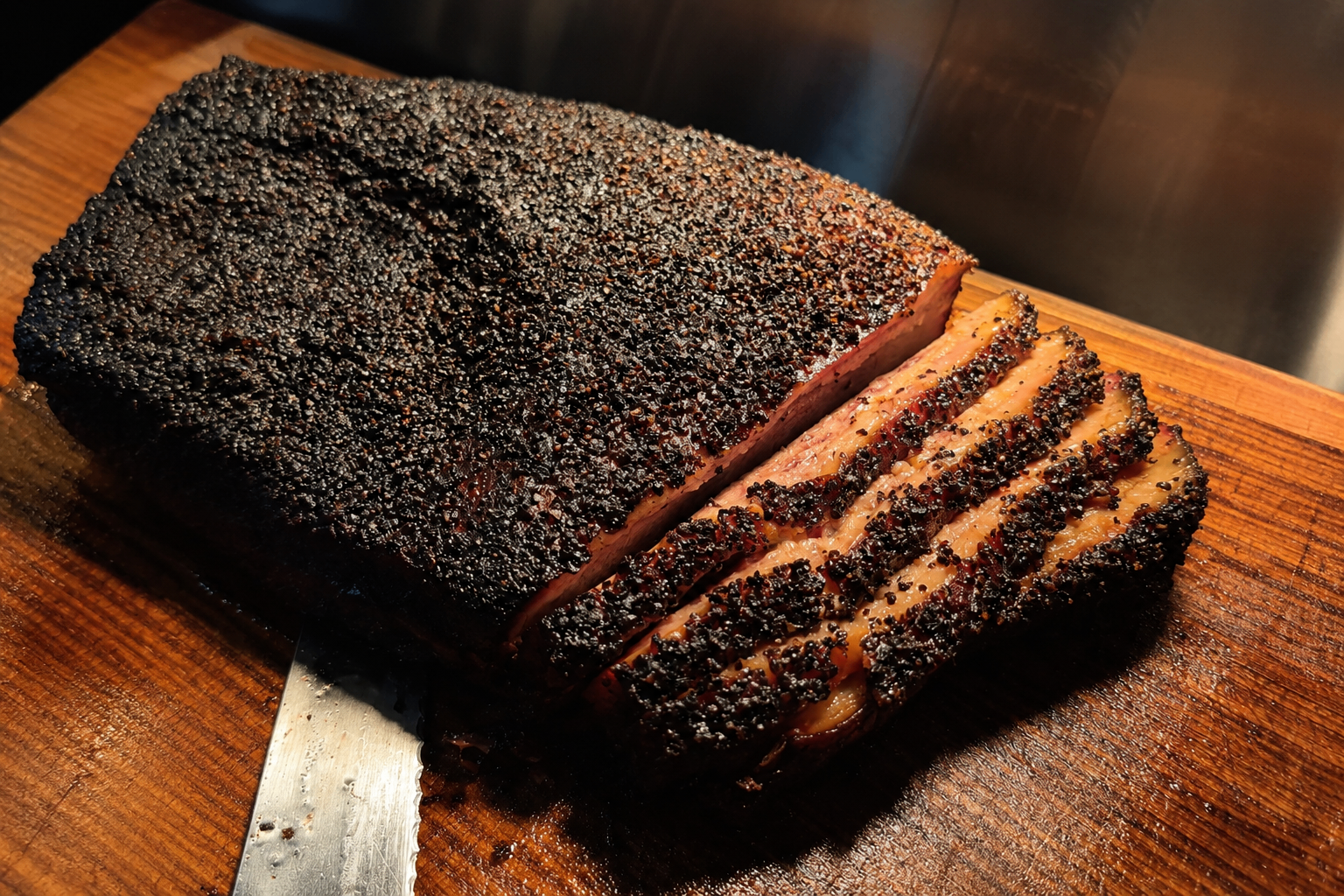 Sliced Texas brisket with smoke ring